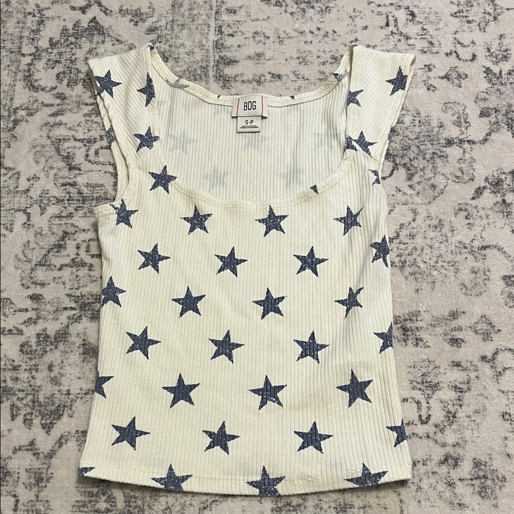 BDG White Tank Top with Blue Star Print